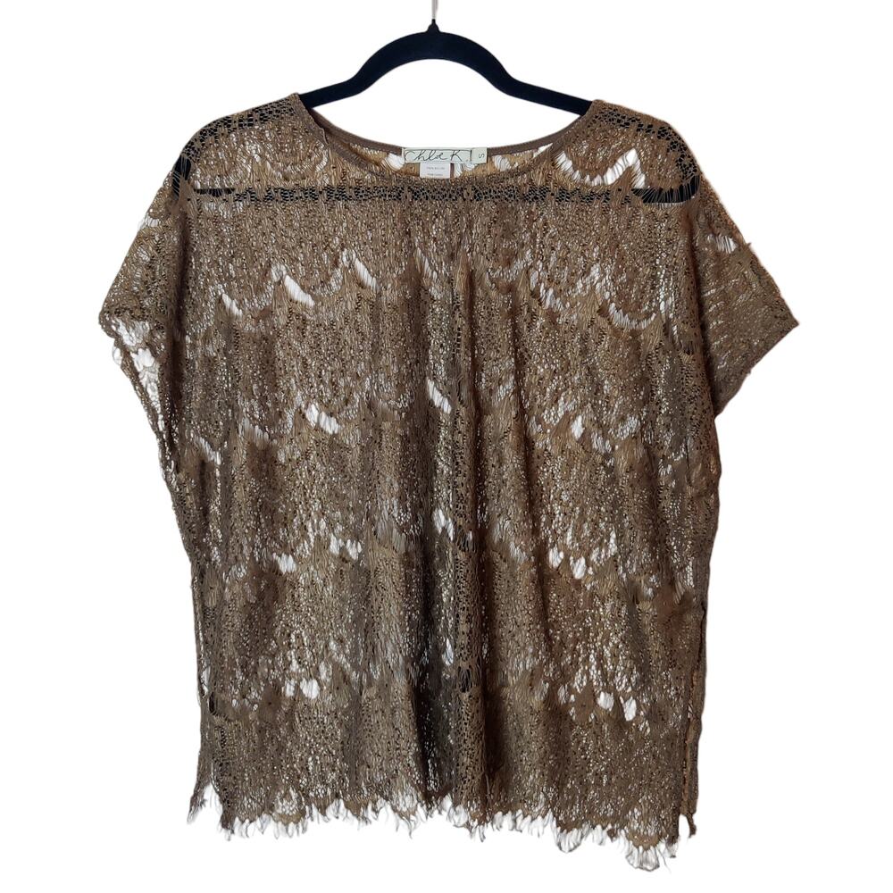 Chloe K Sheer Lace Copper Brown Cap Sleeve Fairy Blouse Small Art Deco 20s Top